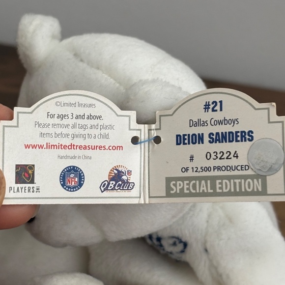 NWT NFL DEION SANDERS 1998 Plush Beanie Bear White #21 Limited SPECIAL EDITION - Picture 12 of 16